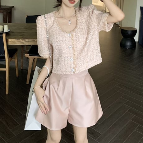 セットアップ ノーカラー サマージャケット チェック柄 半袖 クロップド丈 ショートパンツ ハイウエスト レトロ 韓国ファッション レディース 大人可愛い ガーリー DTC-712730410132
