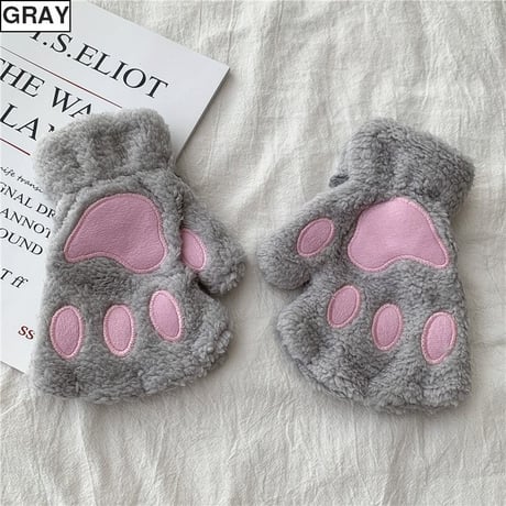 【5カラー】 猫の手 肉球 手袋 韓国ファッション レディース ハーフフィンガー ハンドウォーマー ネコ もこもこ スマホ対応 DTC-609167752977