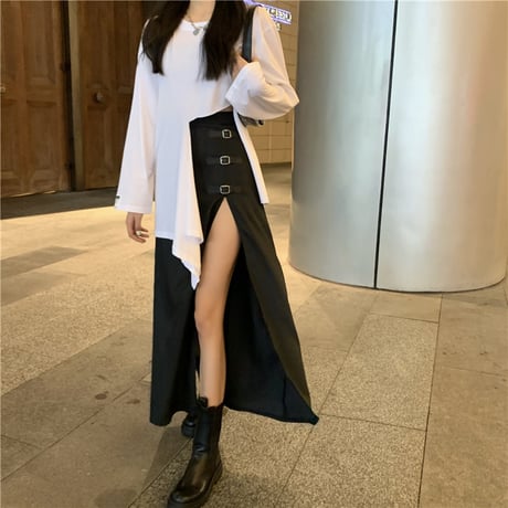 2点セット 不規則 Tシャツ 長袖 ＋ ロングスカート スリット バックル 韓国ファッション レディース セットアップ Tシャツ スカート 大人可愛い ガーリー DTC-626234293153