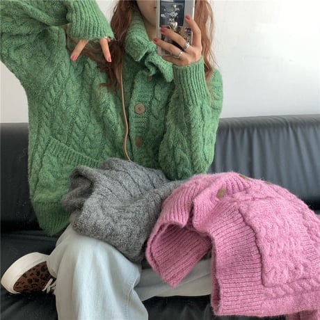 ニットカーディガン ケーブル編み ボタン 厚手 オーバーサイズ ニット 長袖 ゆったり レトロ 韓国ファッション レディース 大人可愛い ガーリー DTC-656866872682