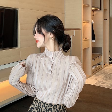 ニットセーター リブニット ハーフボタン ボタン ハーフハイネック スリムニット 長袖 レトロ 韓国ファッション レディース 大人可愛い ガーリー DTC-656815973964