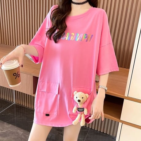 クマのぬいぐるみ付き Tシャツ ダブルポケット 幾何学 チュニック ゆったり 半袖 レトロ 韓国ファッション レディース 大人可愛い ガーリー カジュアル DTC-668699340794