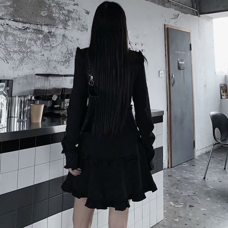 ワンピース フリル ハートバックル スクエアネック ハイウエスト Aライン 長袖 レトロ 韓国ファッション レディース 大人可愛い ガーリー ゴシック 暗黒系 DTC-628854710651