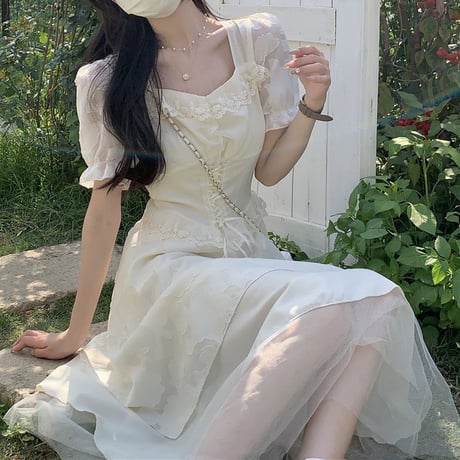 イレギュラーヘム ワンピース 半袖 スクエアネック パフスリーブ 編み上げ シフォン フリル ハイウエスト 不規則デザイン 大人可愛い ガーリー フェミニン DTCA-783499649875