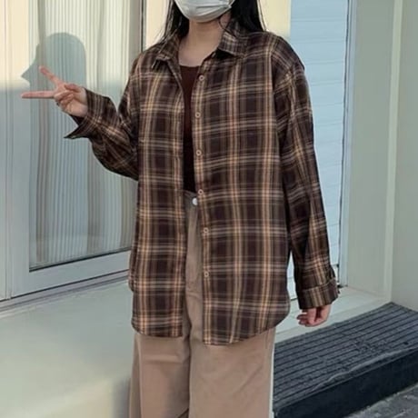 チェックシャツ トップス オーバーサイズ チェック柄 シャツ ルーズ ゆったり 長袖 レトロ 大人可愛い ガーリー カジュアル ストリート女子 DTCA-712741662053