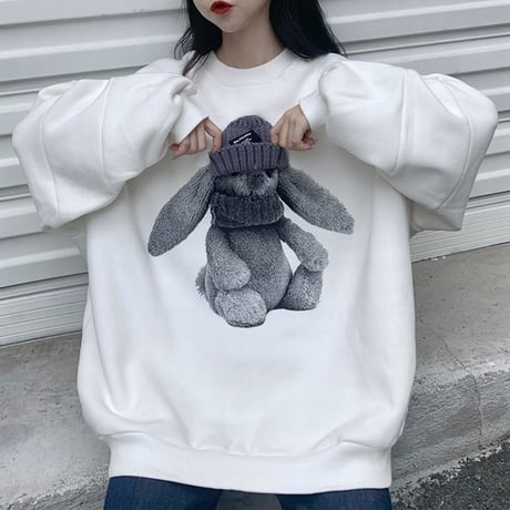 トレーナー うさぎ ラビット スウェット 厚手 オーバーサイズ 長袖 ゆったり レトロ 韓国ファッション レディース 大人可愛い ガーリー カジュアル DTC-659139065147