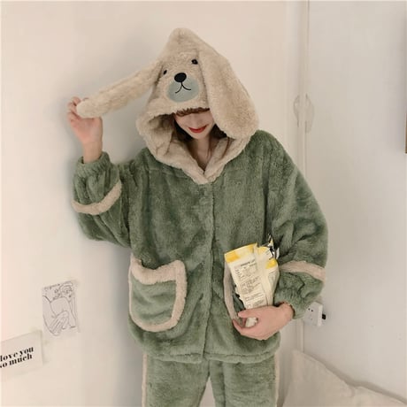 【ルームウェア】 フード付き パジャマ セットアップ トップス + パンツ ラビット フリース ウサギ 長袖 上下セット 長袖 韓国ファッション レディース ガーリー 627124813627