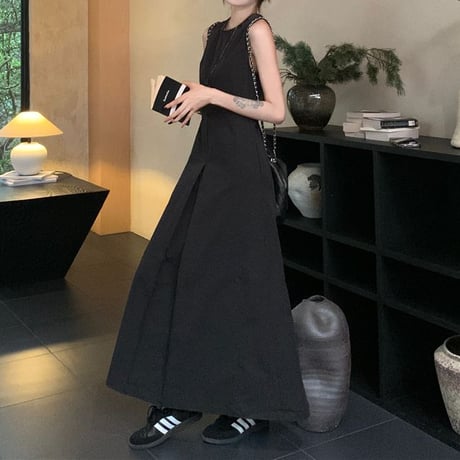 ノースリーブ ワンピース ハイウエスト Aライン プリーツ ロングワンピース レトロ 韓国ファッション レディース 大人可愛い ガーリー DTC-799805323009