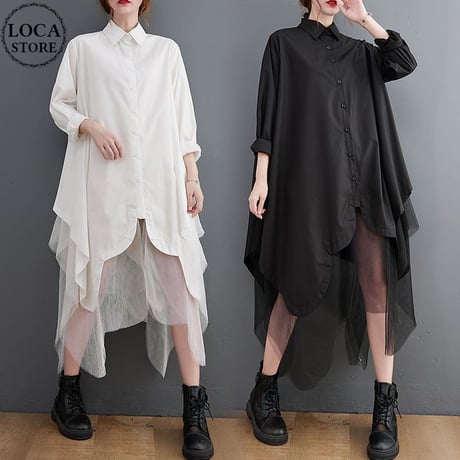 ロングシャツ シャツワンピース チュール シャツ ワンピース アシンメトリー ルーズ 長袖 レトロ 韓国ファッション レディース 大人可愛い ガーリー DTC-653970172988