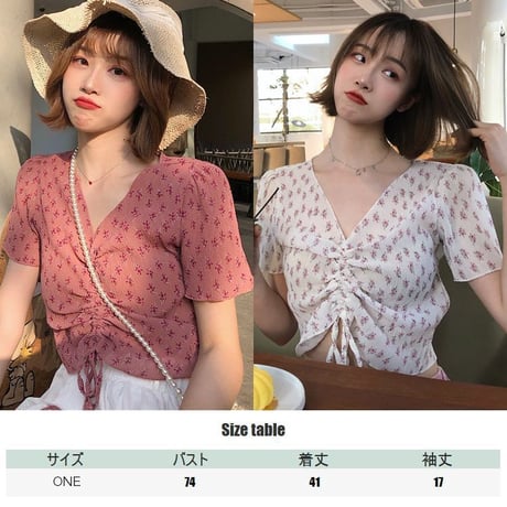 花柄 ブラウス Vネック ショート丈 韓国ファッション レディース 半袖 シフォン ウエストマーク 薄手 大人可愛い ガーリー レトロ 春コーデ 夏コーデ DTC-593495259054