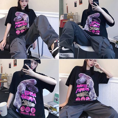 ユニセックス Tシャツ 半袖 メンズ レディース ラウンドネック ラビット うさぎ スマイリー プリント オーバーサイズ 大きいサイズ ルーズ ストリート TBN-621606200602