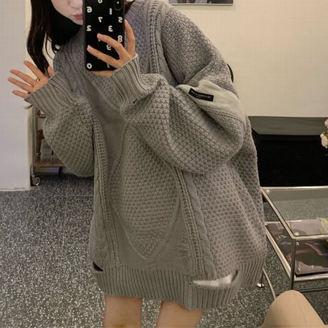ダメージ加工 ニットセーター ダメージニット ニット ミックス編み ケーブル編み 長袖 レトロ 韓国ファッション レディース 大人可愛い ガーリー カジュアル DTC-665453440583