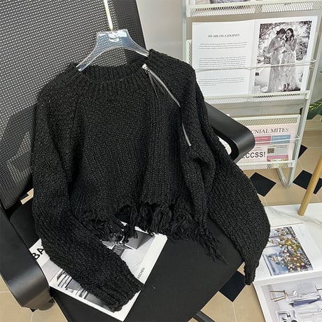 ニット ショルダージップ タッセル ショート丈 ファスナー ワンショルダー プルオーバー トップス ルーズ ゆったり 長袖 韓国ファッション レディース カジュアル DTC-684839572227