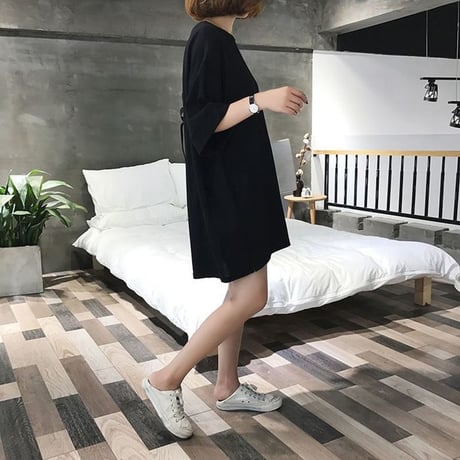 Tシャツワンピース レースアップ バックリボン ゆったり ルーズ チュニック 半袖 レトロ 韓国ファッション レディース 大人可愛い ガーリー DCT-556806546749