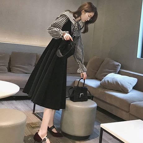 レディース ブラウス ワンピース セットアップ 2点セット チェック柄 襟 フリル タンクトップワンピース 秋 冬 韓国ファッション (DCT-602744087026)