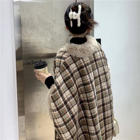 チェック柄 ファーケープコート ポンチョ ラビットファー もこもこ オーバーサイズ ゆったり 韓国ファッション レディース 大人可愛い ガーリー フェミニン DTC-664893699333
