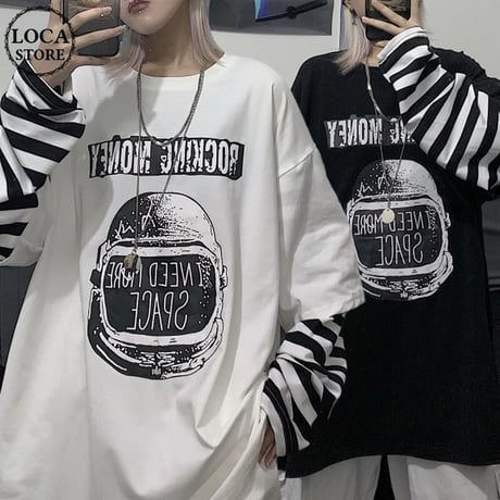フェイクレイヤード ドッキングトップス tシャツ ロンT ボーダー柄 長袖 レトロ 韓国ファッション レディース 大人可愛い ガーリー カジュアル ストリート系 DTC-662523104463