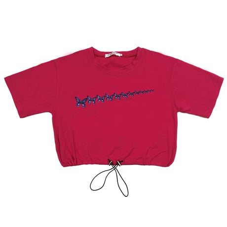 【3カラー】 Tシャツ バタフライ柄 半袖 コードストッパー 裾絞り クロップド丈 ショート丈 韓国ファッション レディース カジュアル 韓国ストリートファッション DTC-619665826393