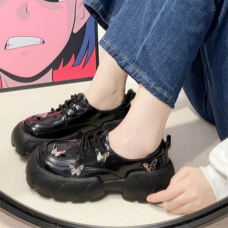 厚底 シューズ 22.5～25.0cm バタフライ レースアップ PU カジュアル 靴 かわいい おしゃれ フェミニン 韓国ファッション レディース DTC-696088716051