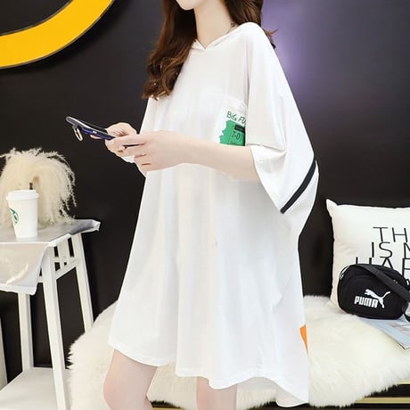 Tシャツ ワンピース パーカー ロングTシャツ フードTシャツ フード付き ゆったり 半袖 レトロ 韓国ファッション レディース 大人可愛い ガーリー カジュアル DTC-669585218614