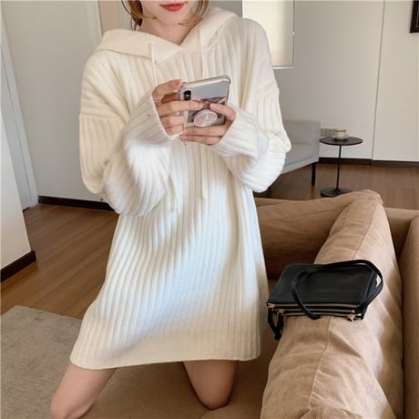 【パーカー】 フード ニット プルオーバー ルーズ 厚手 韓国ファッション レディース トップス パーカーワンピース 無地 長袖 カジュアル ストリート DTC-630591680139