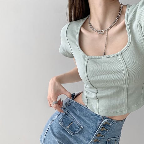 Tシャツ スクエアネック 半袖 クロップド丈 トップス リブ タイト スリムフィット スリムtシャツ シンプル レトロ 大人可愛い ガーリー カジュアル DTCA-704390055680