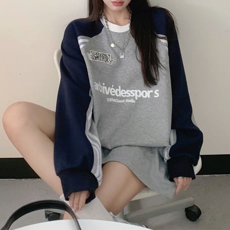 ロングTシャツ ワッペン バイカラー オーバーサイズ トップス ロンT 長袖 Tシャツ ゆったり カジュアル 韓国ファッション レディース ストリート系ファッション DTC-737520940808