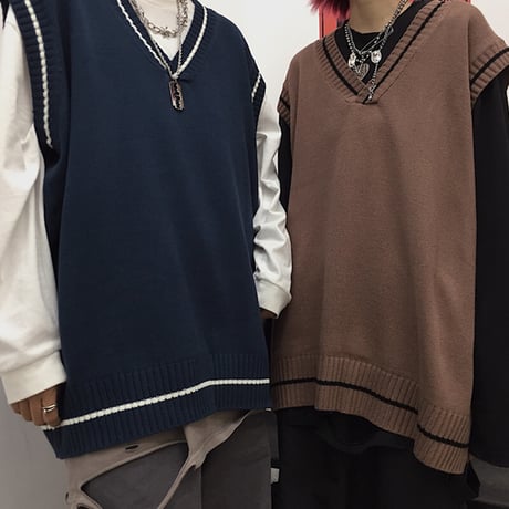 ユニセックス ニットベスト Vネック ライン 韓国ファッション メンズ レディース ベスト ルーズ セーター シンプル ストリート カジュアル DTC-605330546241