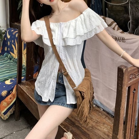 2way フリル ブラウス オフショルダー レース スリムフィット トップス 半袖 レトロ 大人可愛い ガーリー カジュアル DTCA-798480271659