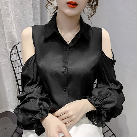 【3カラー】 オープンショルダー ブラウス シャツ 肩出し 肩開き パフスリーブ 長袖 薄手 レトロ 韓国ファッション レディース 大人可愛い ガーリー DTC-637340246907