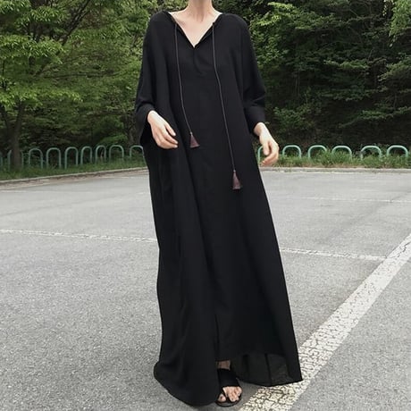 レディース Vネック ロングワンピース ブラック  シフォンマキシ丈 シンプル ゆったり マタニティー 韓国ファッション (DCT-588754300745)
