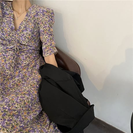 花柄 ワンピース Vネック ギャザー 韓国ファッション レディース ハイウエスト Aライン ロング丈 シンプル ガーリー DTC-615393381445