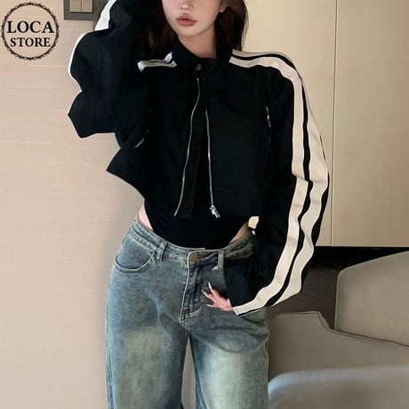 サイドライン ショート丈 ジャケット ジップアップ 長袖 レトロ カジュアル 韓国ファッション レディース 大人可愛い ガーリー ストリート系ファッション DTC-739584691006