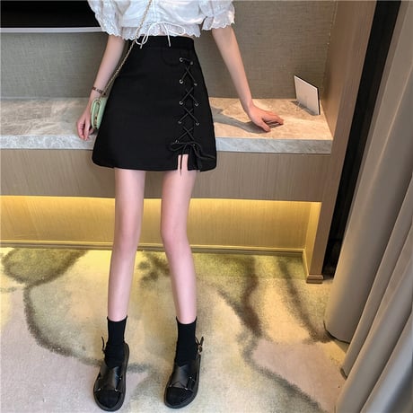 スカート サイドレースアップ 編み上げ ハイウエスト 韓国ファッション レディース 台形スカート Aラインスカート 大人可愛い ガーリー DTC-646772375090
