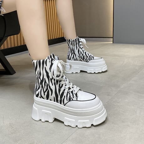 厚底 キャンバススニーカー ハイカット 22.5～24.5cm シューレース サイドファスナー ゼブラ柄 ベーシック カジュアル 大人可愛い ガーリー DTC-650901386927