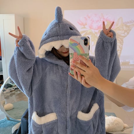 ナイトガウン ルームウェア パジャマ シャーク サメ フード付き もこもこ ボア 部屋着 寝間着 韓国ファッション レディース 大人可愛い ガーリー DTC-656222082108