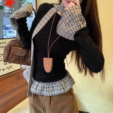フェイクレイヤード トップス チェック柄 フレア ベルスリーブ スリムフィット ロンT 長袖 レトロ 大人可愛い ガーリー DTCA-868069501061