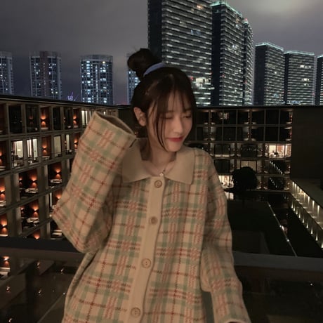【アウター】 カーディガン チェック柄 保温 ベージュ パープル 長袖 韓国ファッション レディース POLO襟 シングルブレスト ゆったり レトロ かわいい ガーリー 609389060839