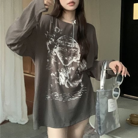 tシャツ 長袖 オーバーサイズ ドロップショルダー ロンt クルーネック トップス ルーズ レトロ 韓国ファッション レディース 大人可愛い ガーリー DTC-735331608484