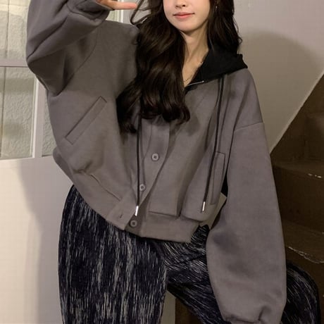 フェイクレイヤード ドッキングトップス パーカー カーディガン 重ね着風 ジップアップ ボタン 長袖 韓国ファッション レディース カジュアル ストリート系 DTC-667647158135