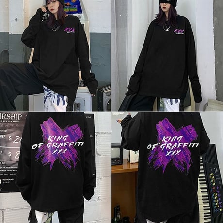 ユニセックス 長袖Tシャツ ×ペイント Tシャツ バツペイント 長袖 オーバーサイズ 韓国ファッション メンズ レディース 韓国ストリートファッション DTC-610859198983