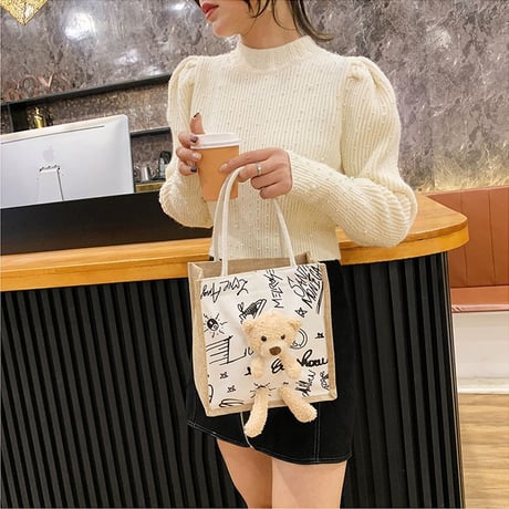クマのぬいぐるみ付き 麻バッグ リネン ハンドバッグ キャンバスバッグ ミニバッグ ジッパー シンプル レトロ DTC-632445318533