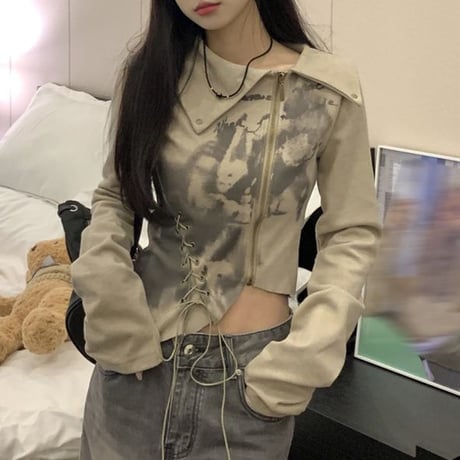 不規則デザイン 襟付き Tシャツ レースアップ ファスナー ジップアップ ショート丈 トップス スリムフィット 韓国ファッション レディース 大人可愛い ガーリー DTC-695994211842
