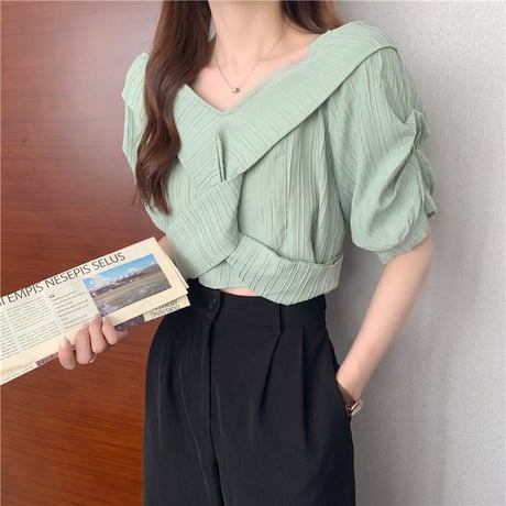 2way ブラウス Vネック オフショルダー 半袖 薄手 無地 韓国ファッション レディース トップス 大人可愛い ガーリー DTC-650101350711
