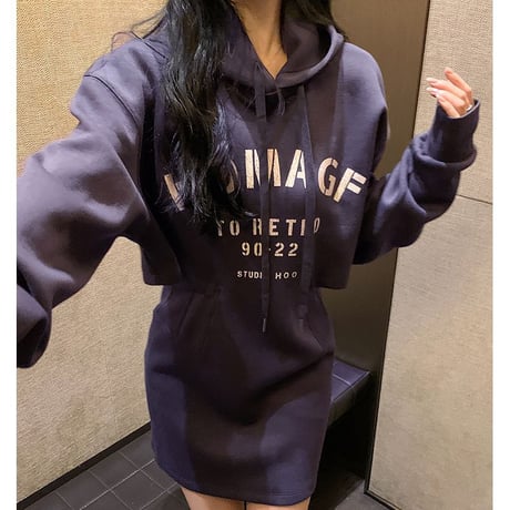 フード付きワンピース 薄手 フェイクレイヤード ウエストカット ミニワンピース ハイウエスト 長袖 レトロ 韓国ファッション 大人可愛い ガーリー カジュアル DTC-682842841895