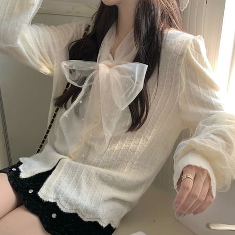ブラウス リボン チュール ルーズ 長袖 ボウタイリボン シフォン レトロ 韓国ファッション レディース 大人可愛い ガーリー フェミニン DTC-688555494738