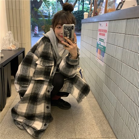 チェック柄 ロングコート ウールコート ルーズ 韓国ファッション レディース コート ゆったり カジュアル レトロ 大人カジュアル 大人可愛い ストリート系 DTC-635235027557