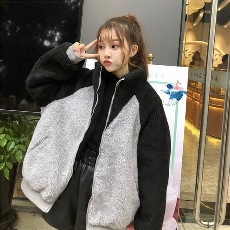 ボアブルゾン バイカラー アウター 韓国ファッション レディース ブルゾン ジャケット もこもこ フロントジッパー カジュアル 秋 冬 (DTC-605491386925)