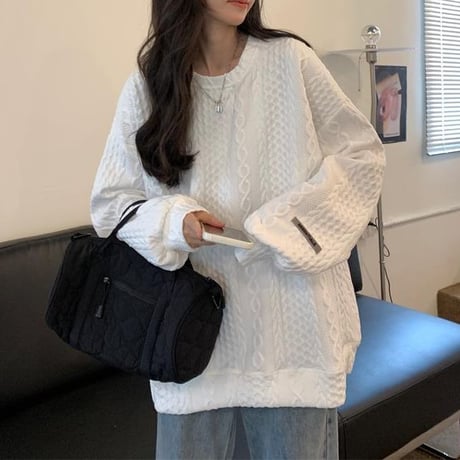 トレーナー トップス ケーブル模様 長袖 クルーネック オーバーサイズ ゆったり 大きめ レトロ 韓国ファッション レディース カジュアル ストリート系 DTC-658176929077