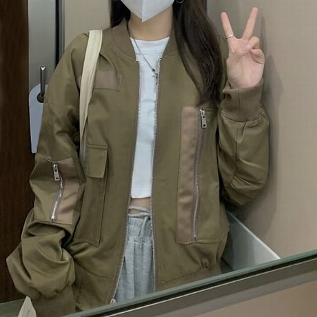 ミリタリー風 ブルゾン ジャンパー MA-1 ポケット 薄手 ルーズ 韓国ファッション レディース 大人可愛い ガーリー カジュアル 韓国ストリートファッション DTC-680499052243